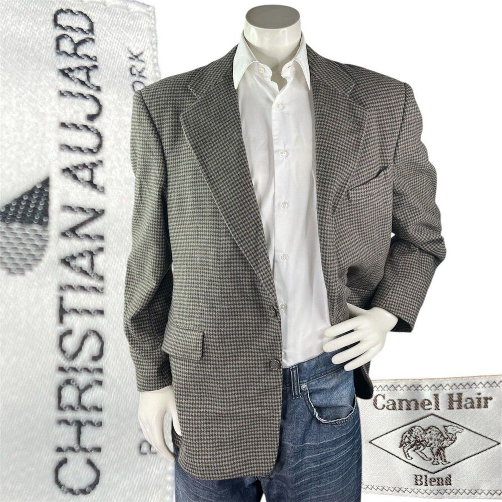 Camel Hair Blend Blazer Christian Aujard Men’s 44R Houndstooth Sport Coat Jacket